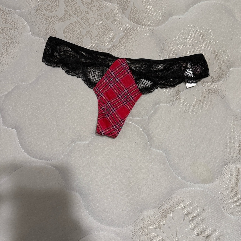 Victoria's Secret Black Lace & Red Plaid Thong